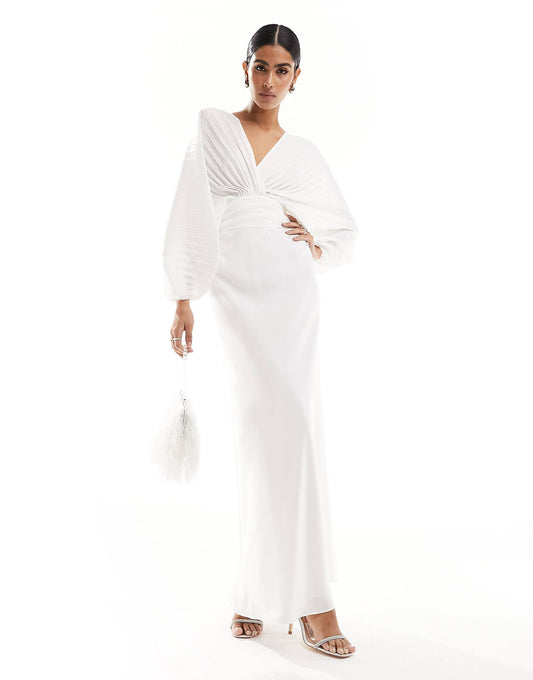 Eternal Elegance - Ivory Satin Pleated Maxi Dress