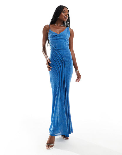 Azure Elegance - Draped Maxi Dress with Hotfix Embellishments