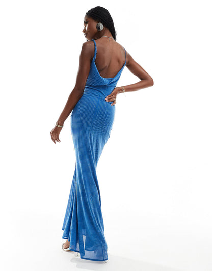 Azure Elegance - Draped Maxi Dress with Hotfix Embellishments