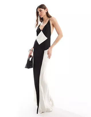 Monochrome Elegance: Satin Maxi Dress